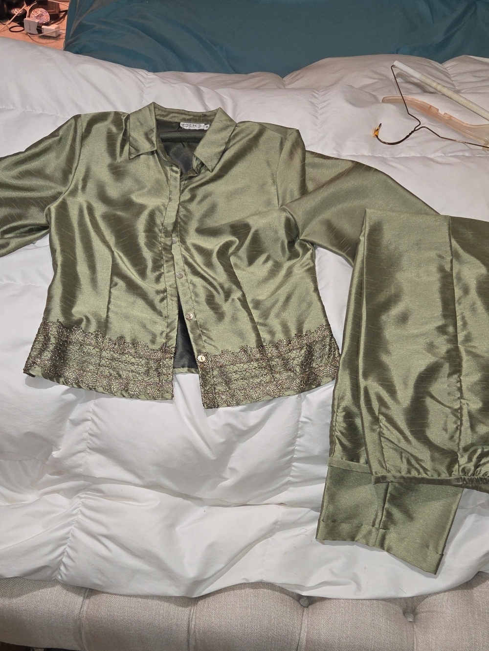 CDC Olive Green Satin Pajama-Style Pantsuit with Embroidered Hem